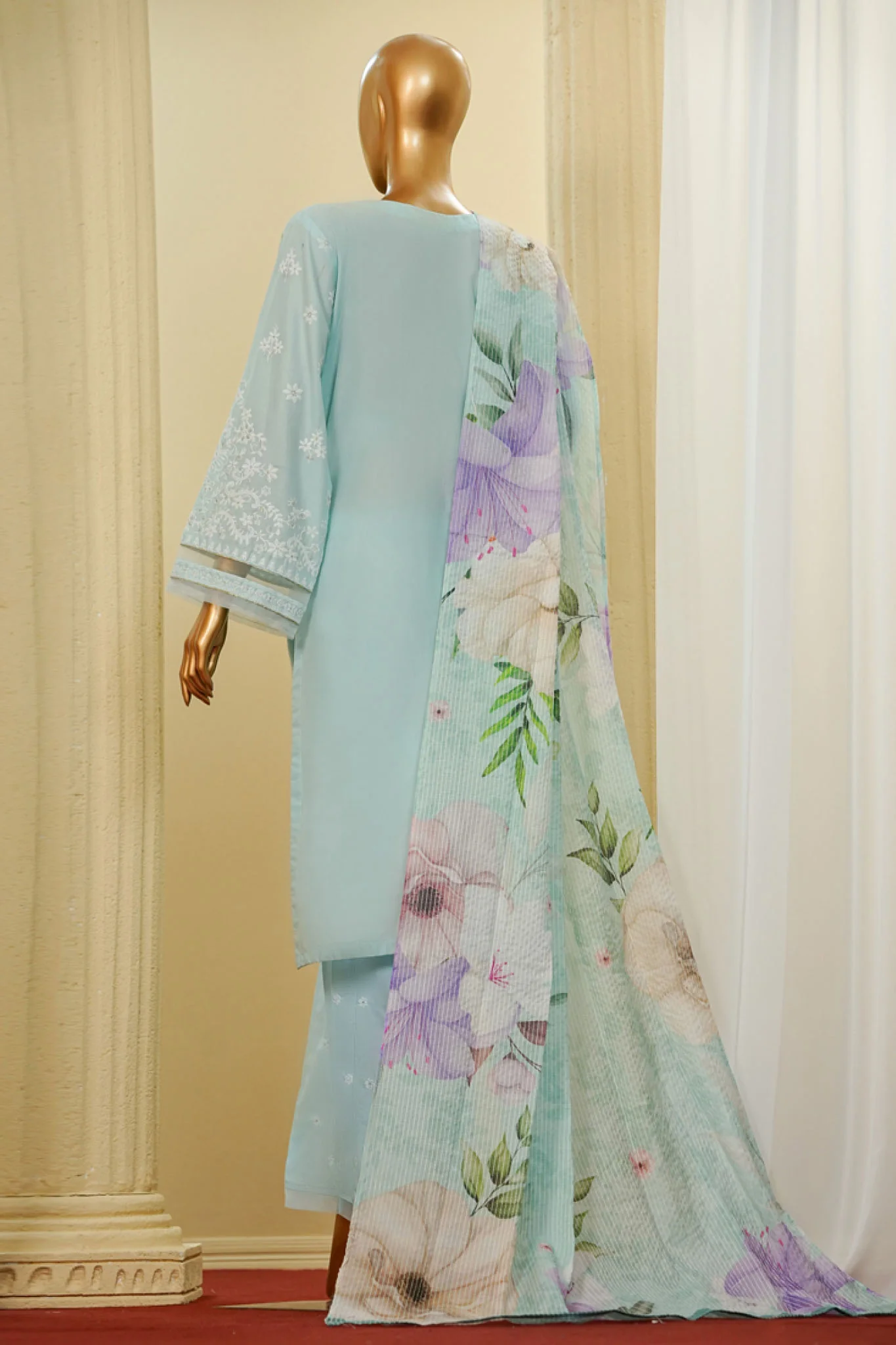Traditional Vibes By HZ Stitched 3 Piece Solid Emb Chikankari Suit-PWC-103-Sky Blue - Image 3
