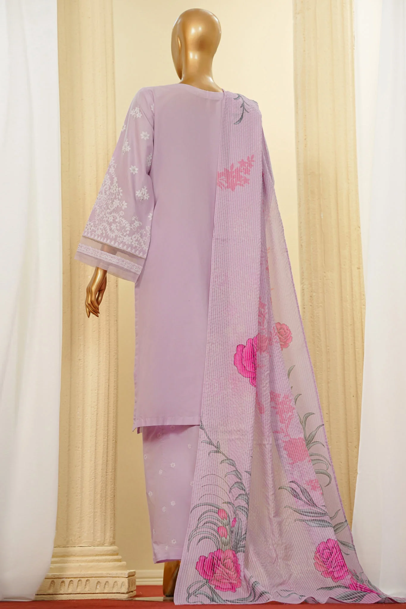 Traditional Vibes By HZ Stitched 3 Piece Solid Emb Chikankari Suit-PWC-104-Lavender - Image 3