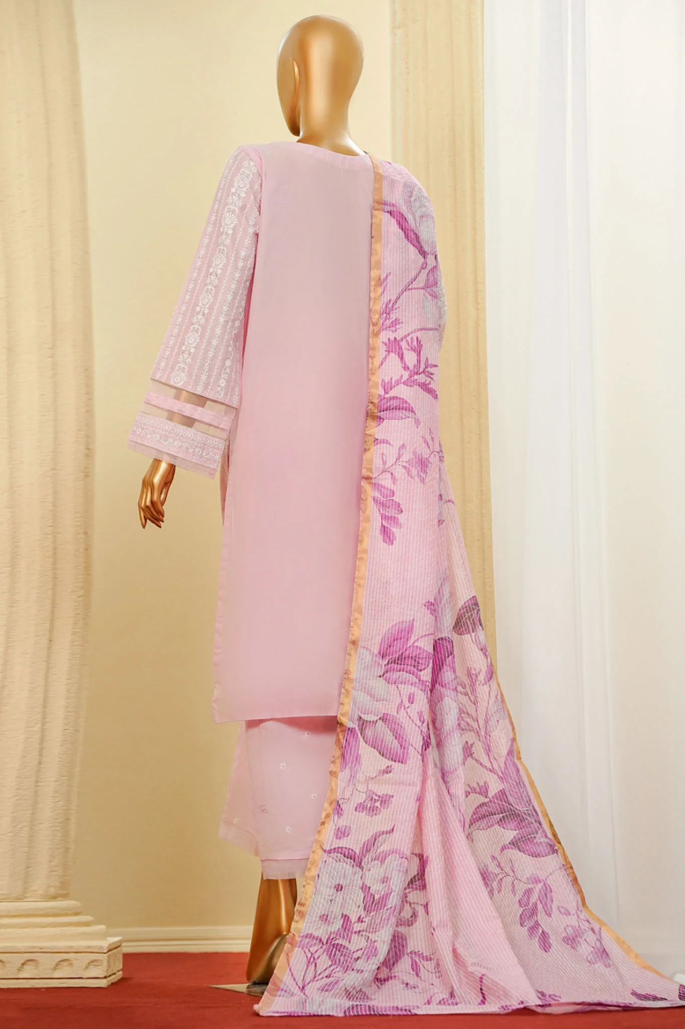 Traditional Vibes By HZ Stitched 3 Piece Solid Emb Chikankari Suit-PWC-105-Pink - Image 3