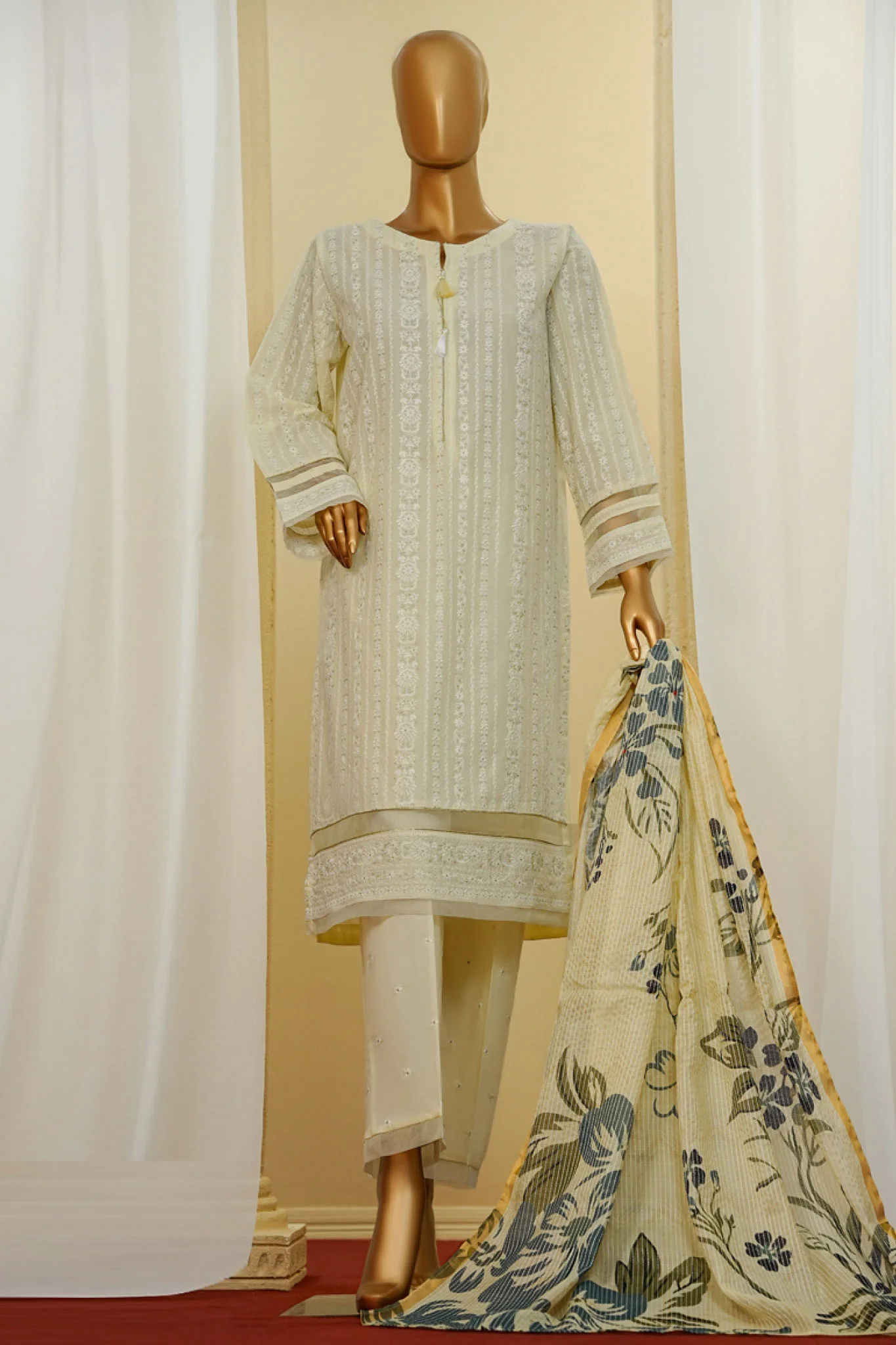 Traditional Vibes By HZ Stitched 3 Piece Solid Emb Chikankari Suit-PWC-106-Light Yellow