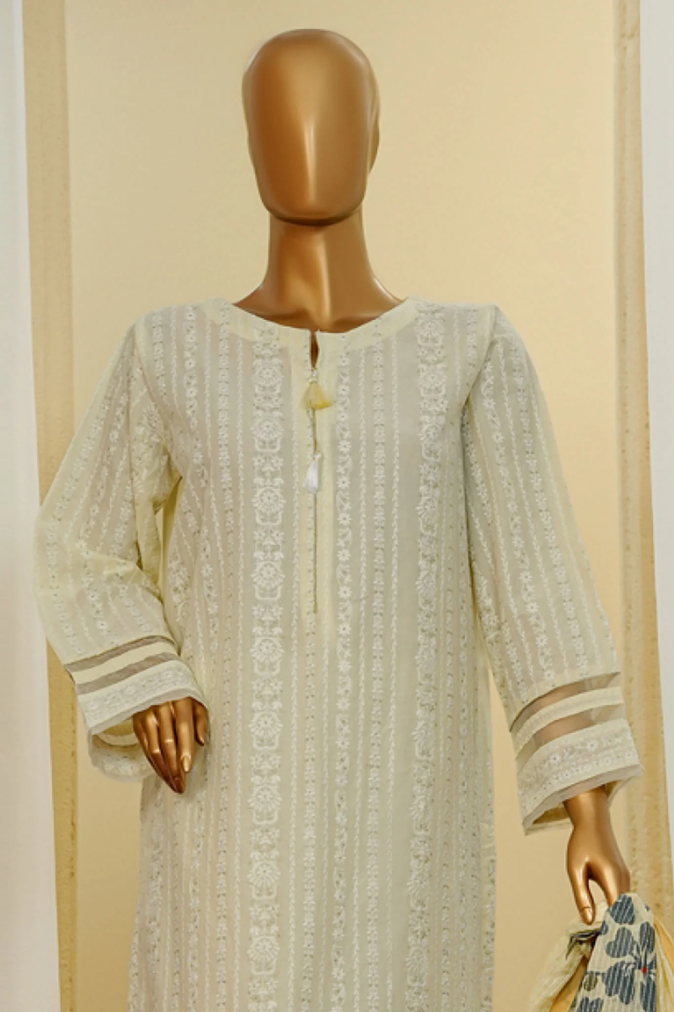 Traditional Vibes By HZ Stitched 3 Piece Solid Emb Chikankari Suit-PWC-106-Light Yellow - Image 2