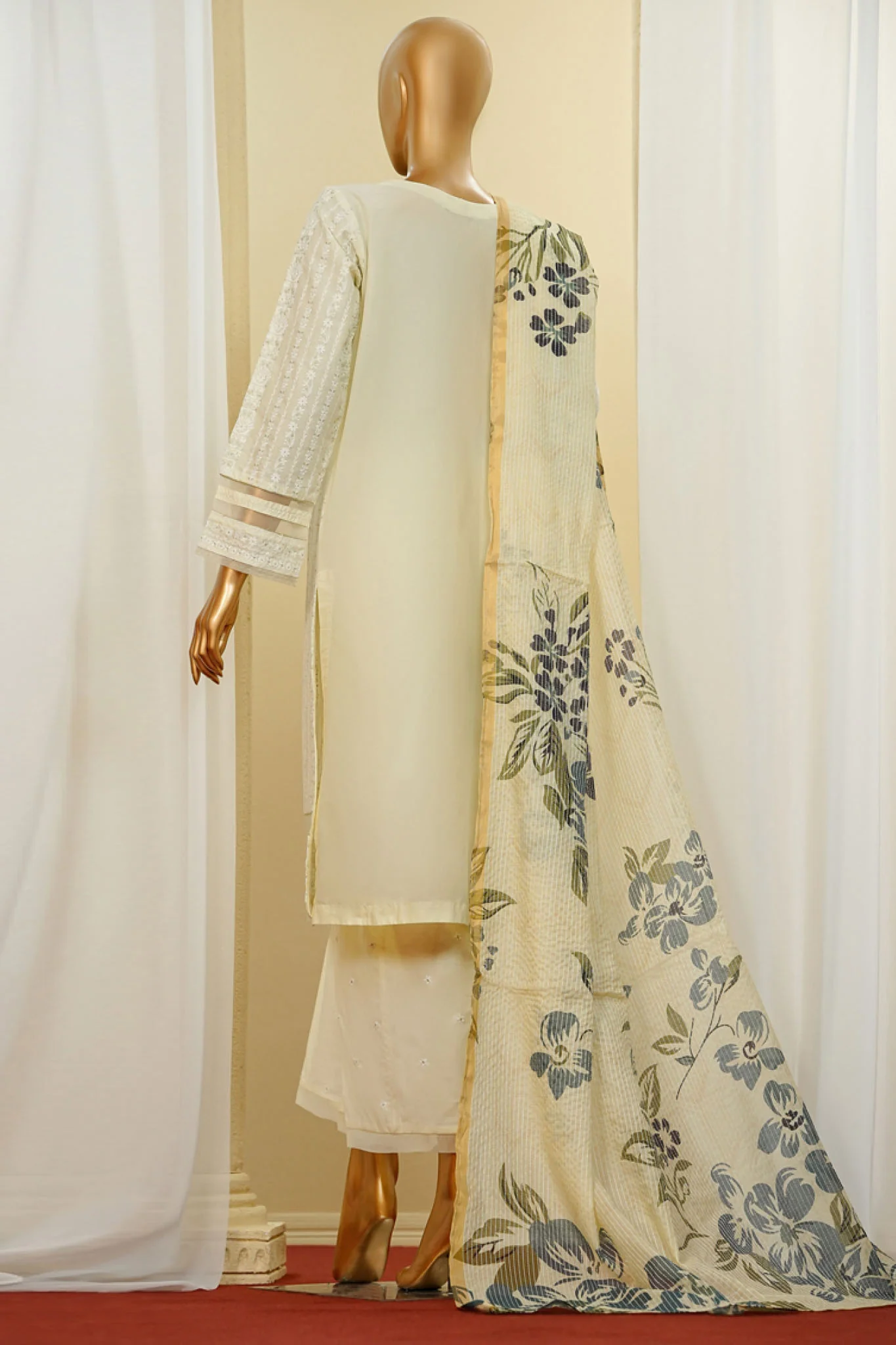 Traditional Vibes By HZ Stitched 3 Piece Solid Emb Chikankari Suit-PWC-106-Light Yellow - Image 3