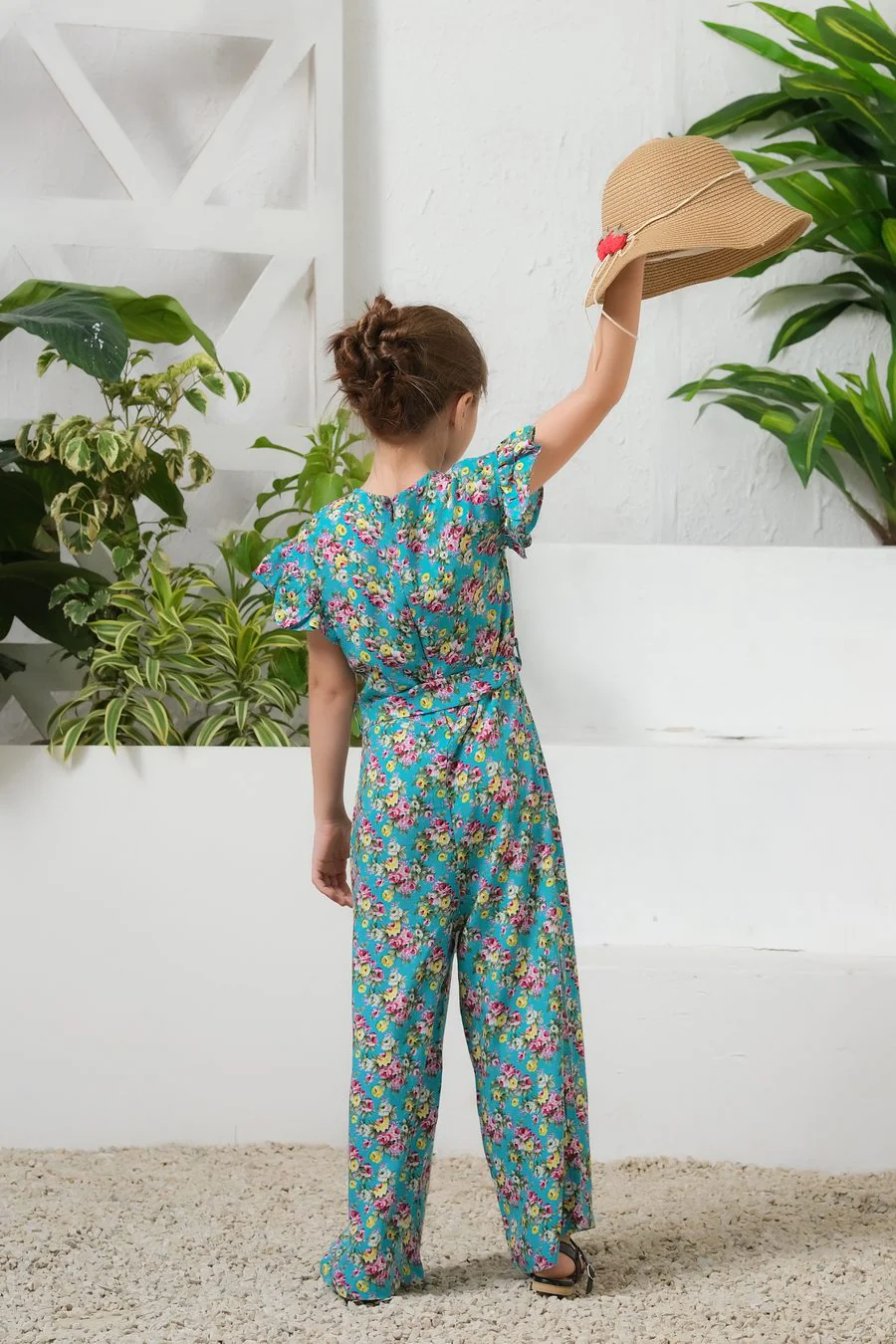 Sprinkles Stitched 1 Piece Summer Jumpsuit Kids Suit-Tropical Lagoon Allover Floral Print Ruffle Trim Belted Jumpsuit - Image 3