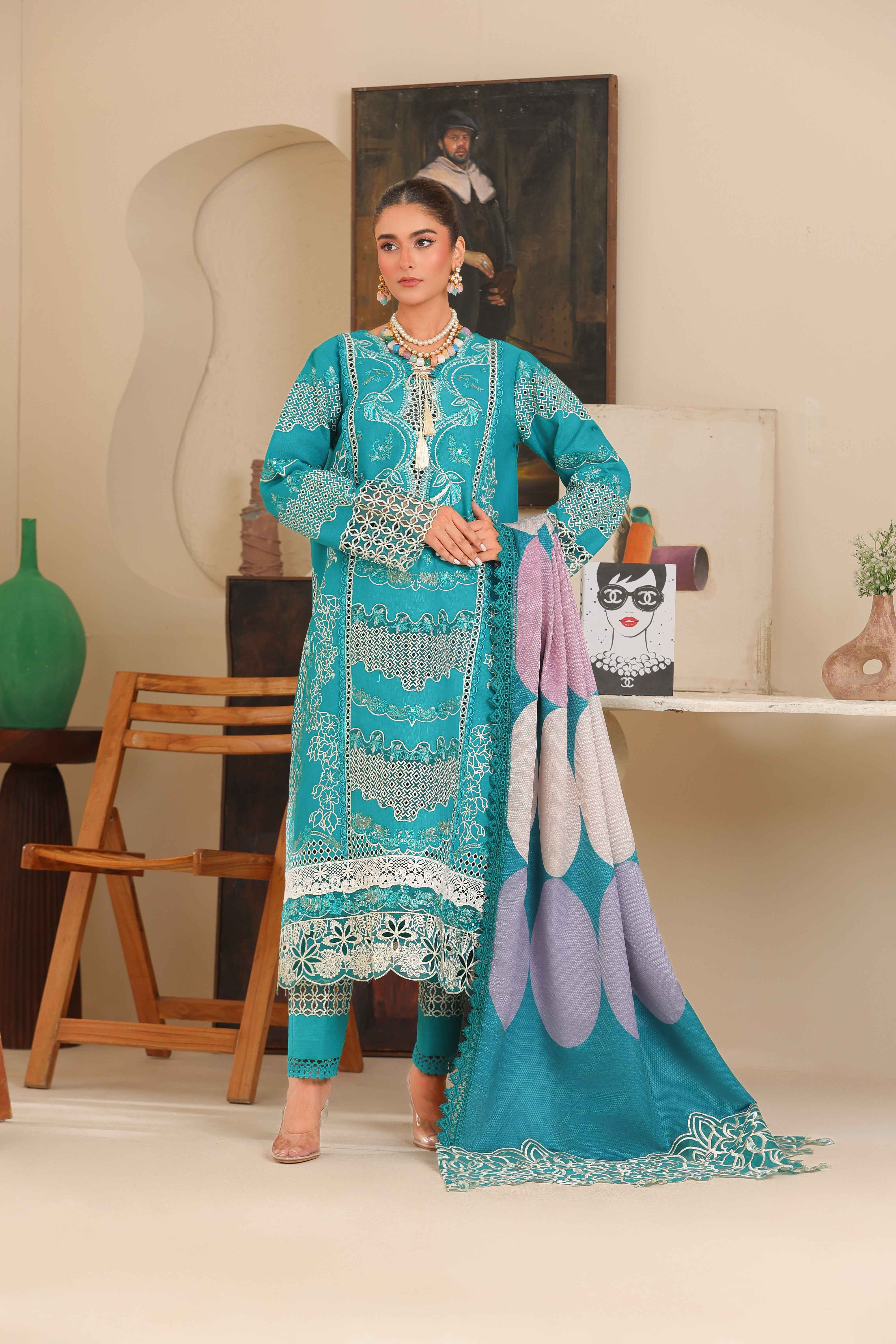 Sahiba By Huma Gul Unstitched 3 Piece Premium Winter Suit-Turqis HG-302