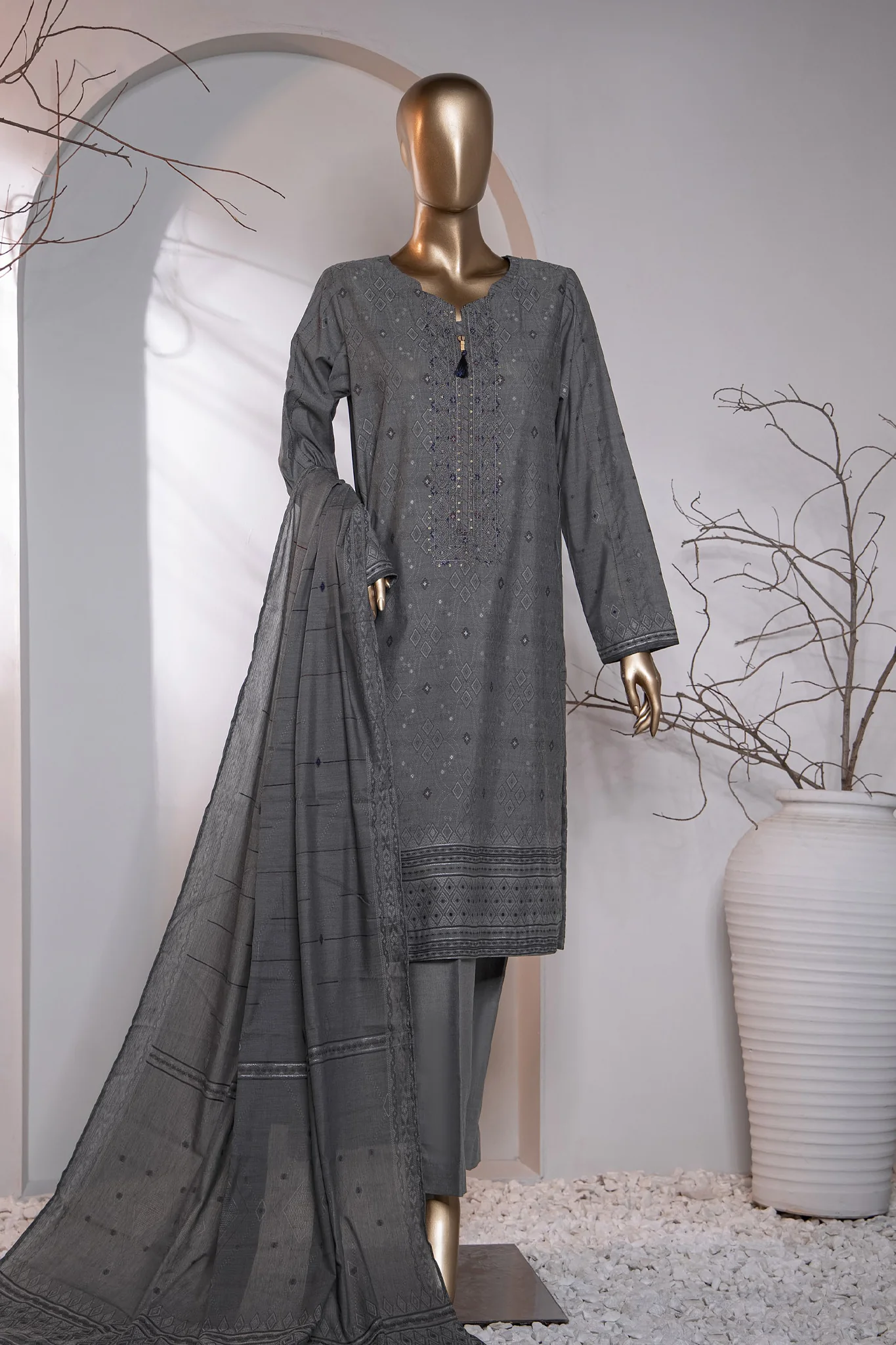 Valencia By HZ Unstitched 3 Piece Emb Jacquard Suit-VJ-11