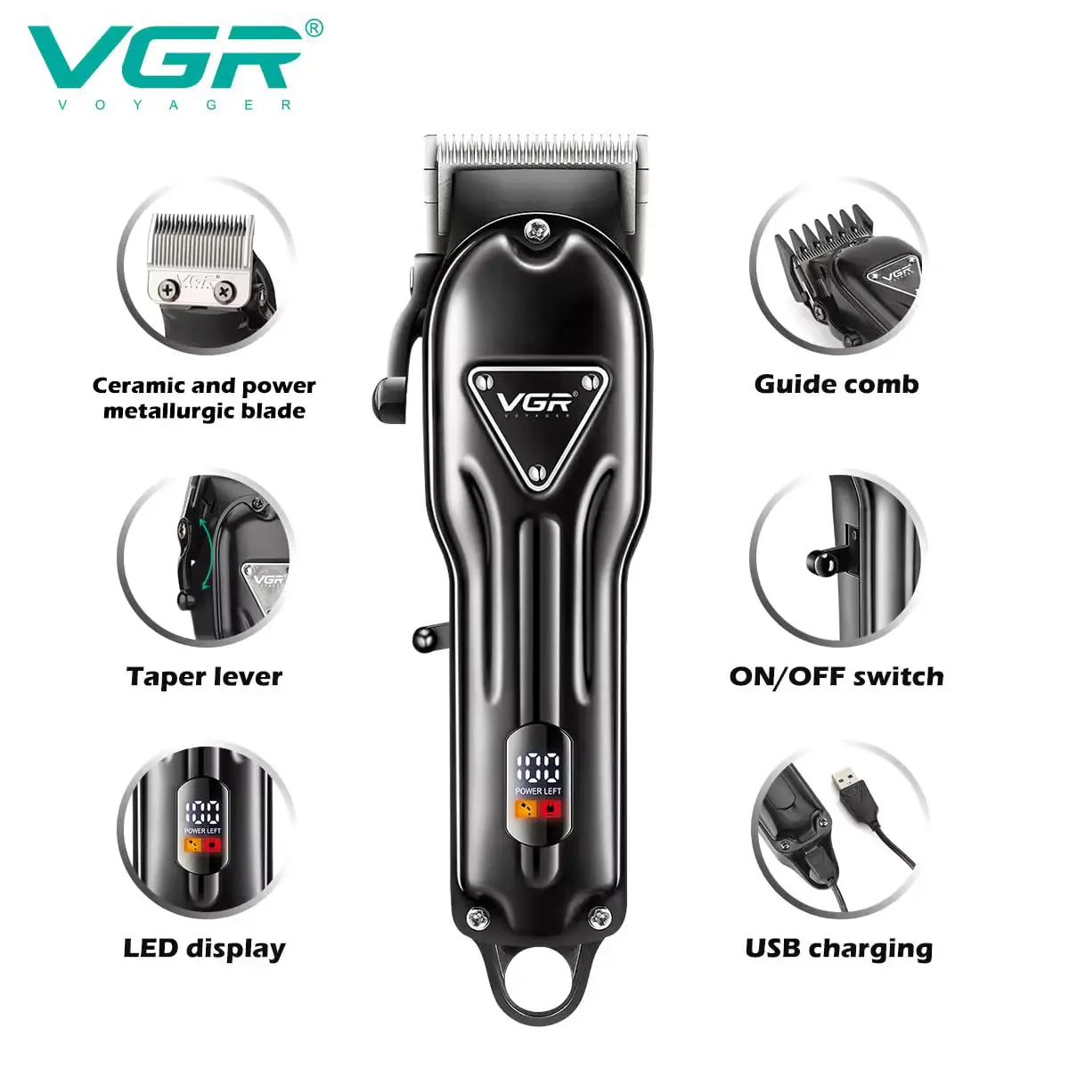 VGR V-051 Professional Hair Clipper & Salon Trimmer â€“ Digital Display, Ceramic Blades, 300-Minute Runtime, 4 Combs
