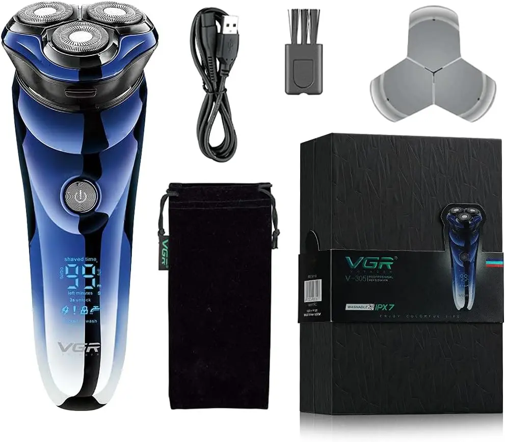 VGR-V-305 Premium Cordless Rechargeable IPX7 Fully Waterproof 3 Head Electric Shaver