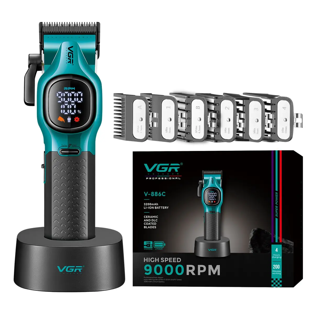 VGR-V-886C Professional Hair Clipper Ceramic & DLC Coated Blades, 6 Metal Guide Combs, Multi-Cut Taper Clipper for Grooming