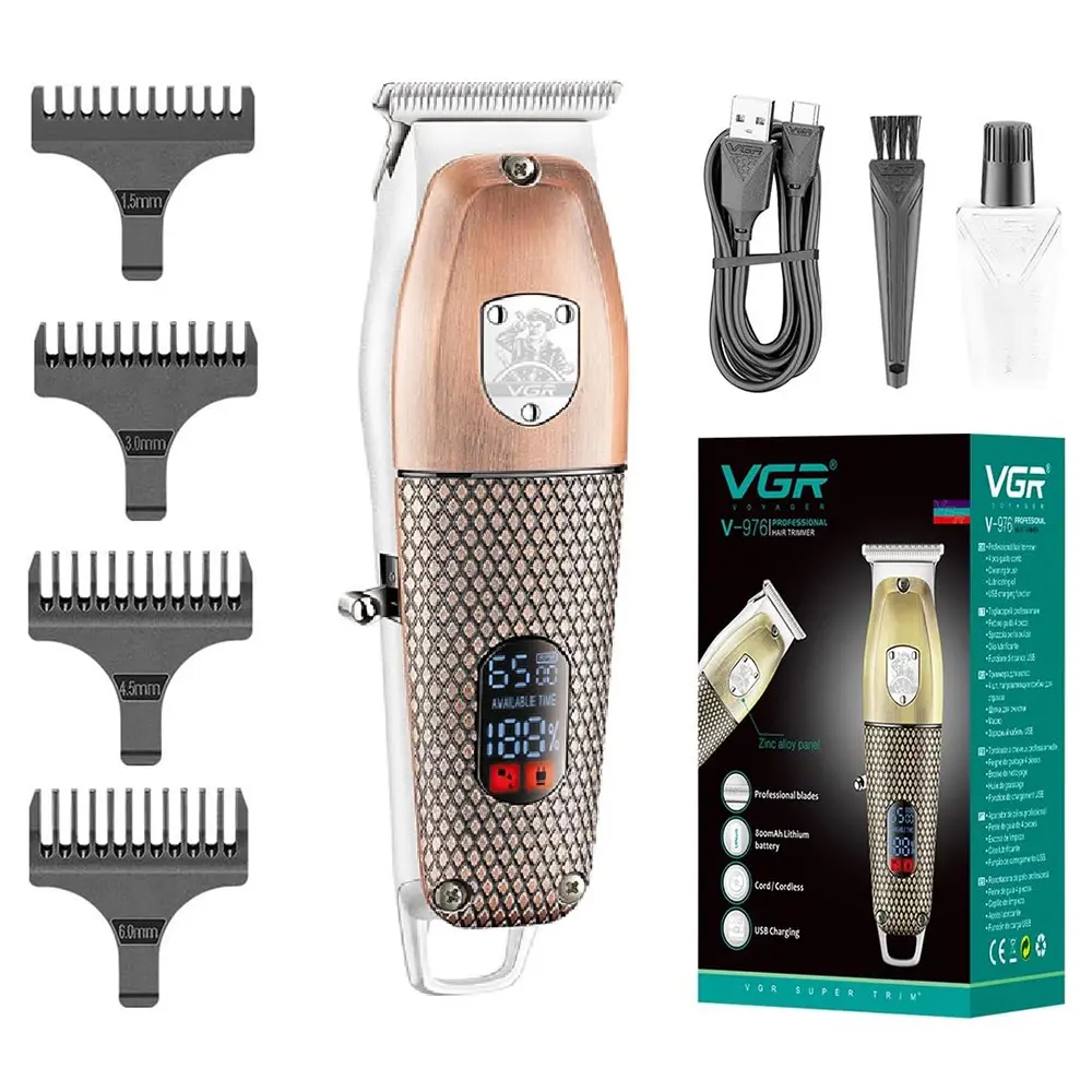 VGR-V-976 Professional Cordless Hair Clipper & Beard Trimmer 6500 RPM, 150 Min Runtime, Digital Display, Stainless Steel Blade, USB Charging, 4 Combs (Copper)