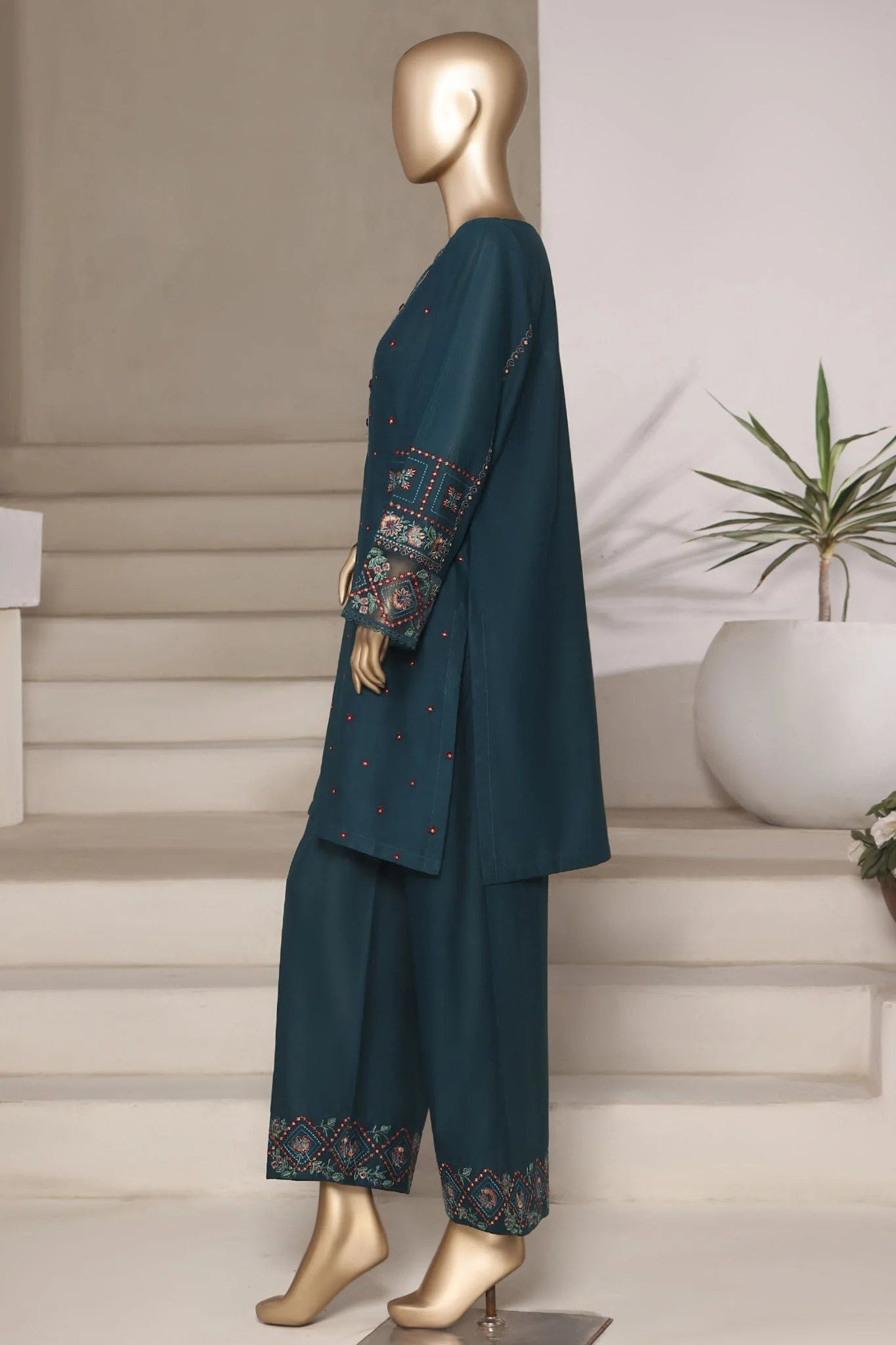 Vybe By Sada Bahar Stitched 2 Piece Emb Cotton Suit-MEL-04-C GREEN - Image 3