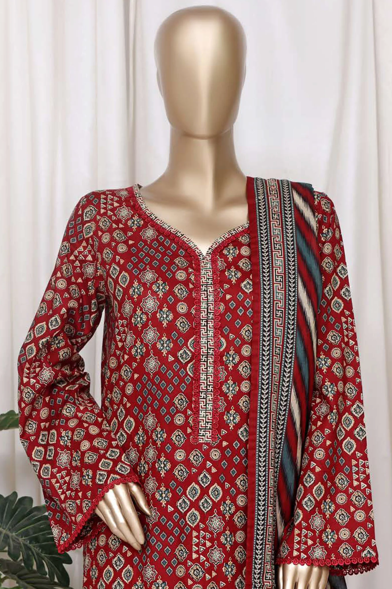 Bin Saeed Stitched 3 Piece Printed Cotton Vol-01 Suit-WC-2368-Maroon - Image 2