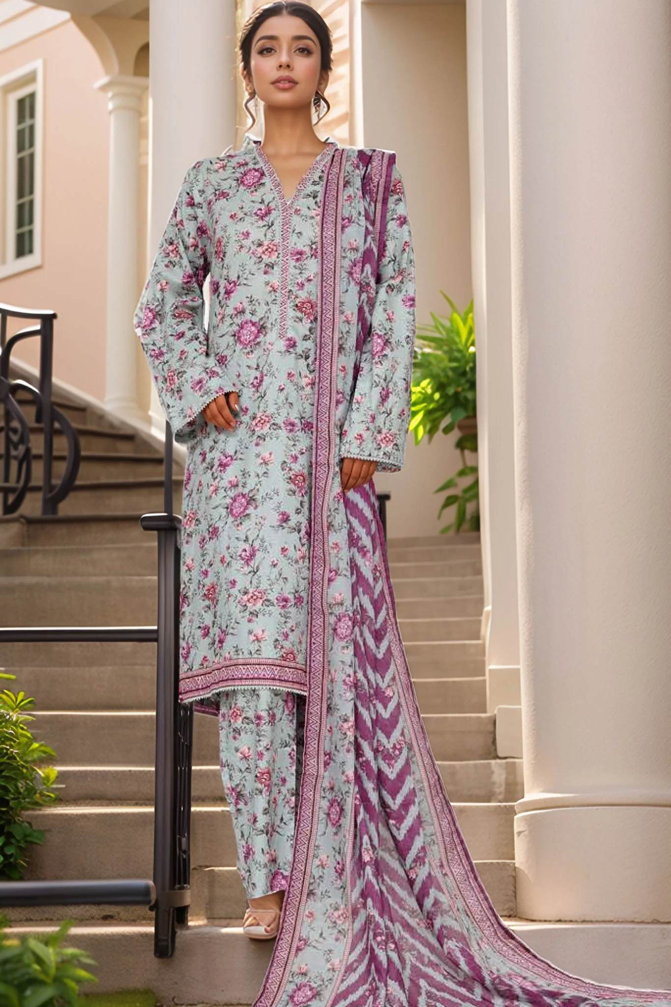 Bin Saeed Stitched 3 Piece Printed Cotton Vol-01 Suit-WC-2376-Mint