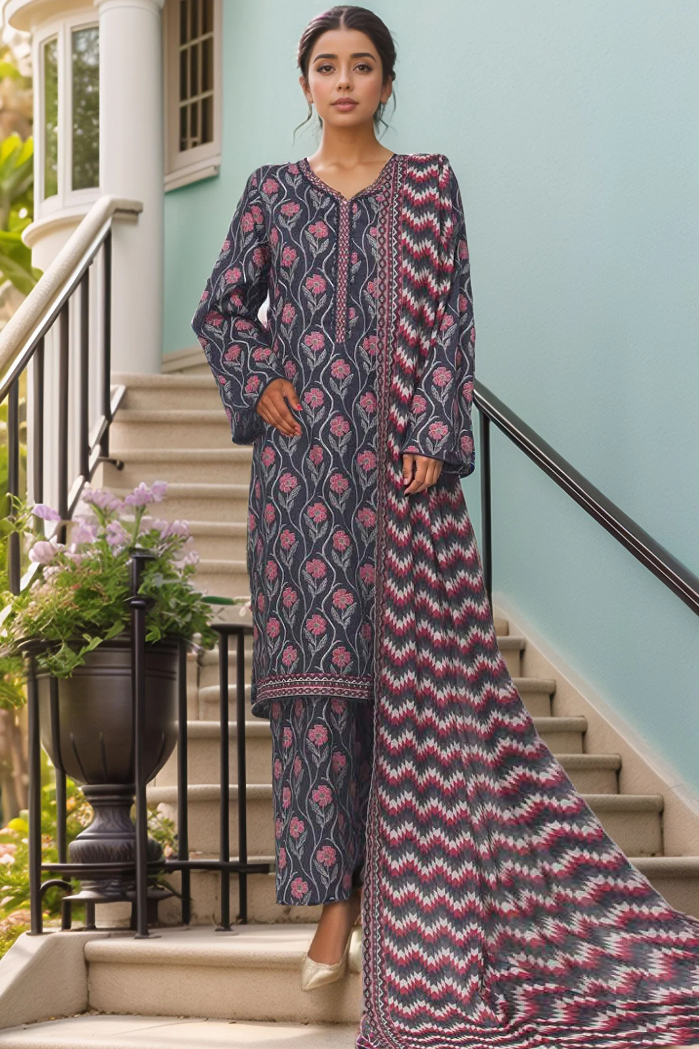 Bin Saeed Stitched 3 Piece Printed Cotton Vol-01 Suit-WC-2378-Black