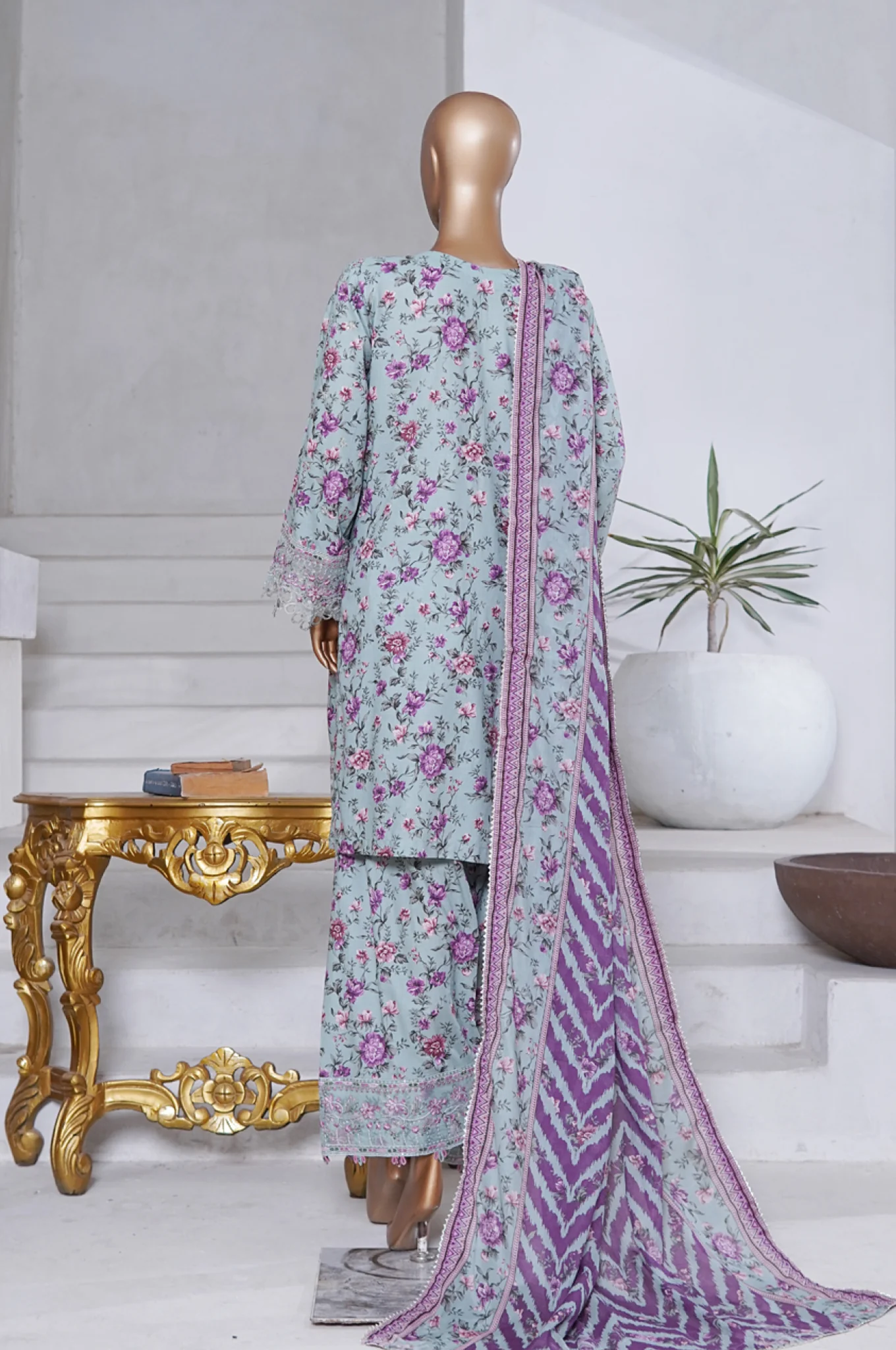Bin Saeed Stitched 3 Piece Exclusive Emb Chikankari Cotton Suit-WC-2408-Blue - Image 3