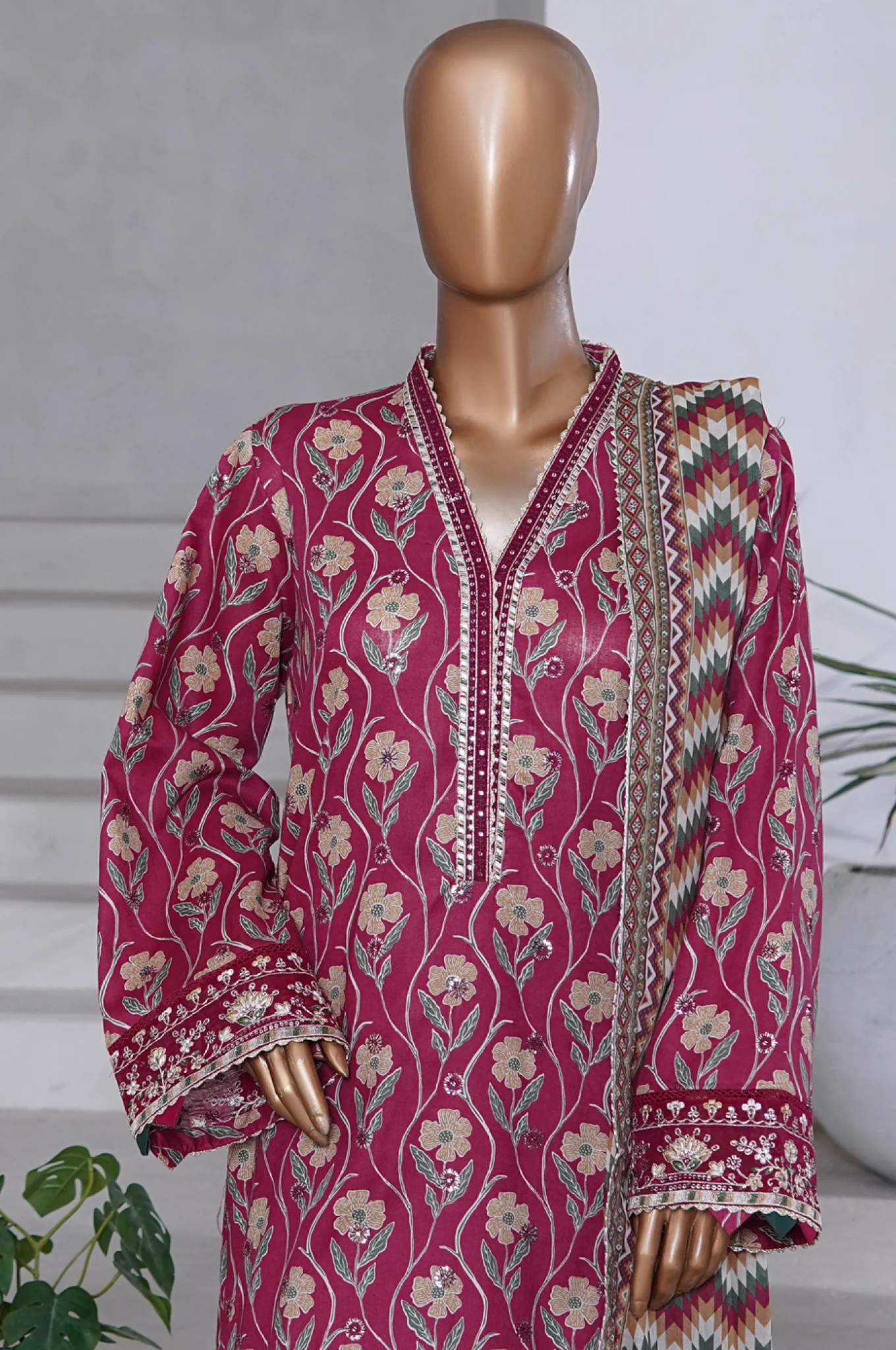 Bin Saeed Stitched 3 Piece Exclusive Emb Chikankari Cotton Suit-WC-2409-Mehroon - Image 2