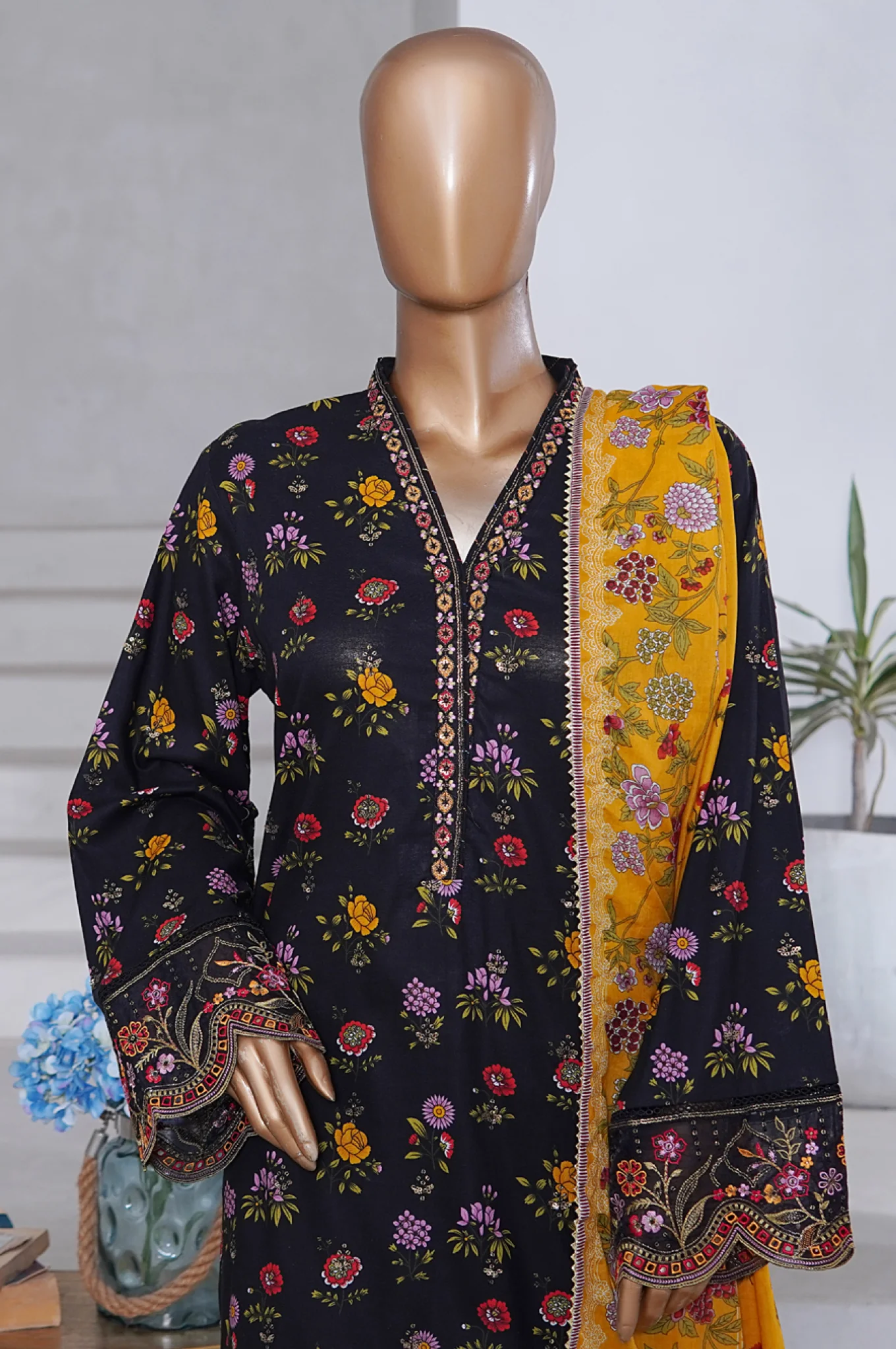Bin Saeed Stitched 3 Piece Exclusive Emb Chikankari Cotton Suit-WC-2411-Black - Image 2