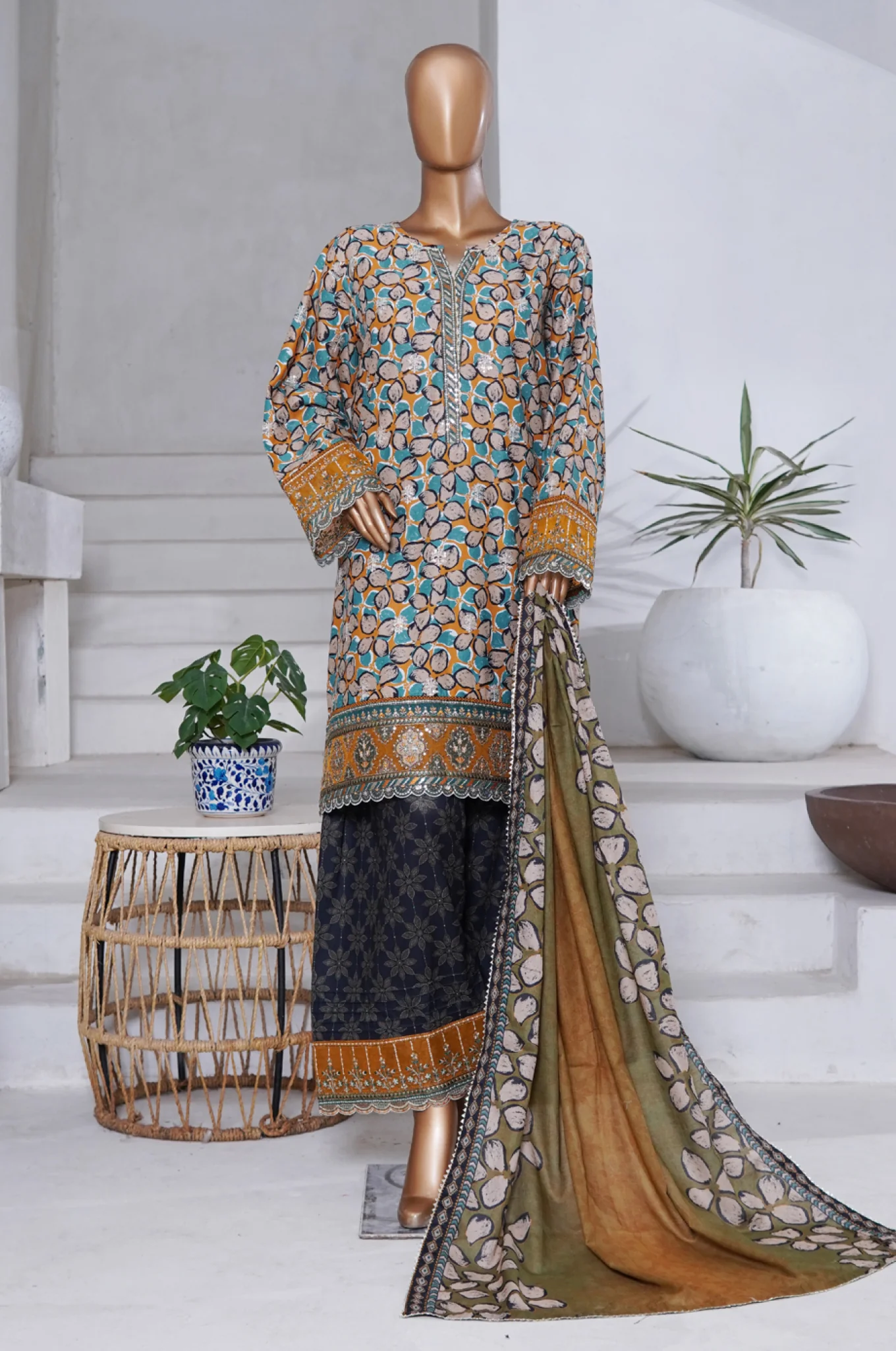 Bin Saeed Stitched 3 Piece Exclusive Emb Chikankari Cotton Suit-WC-2412-Green
