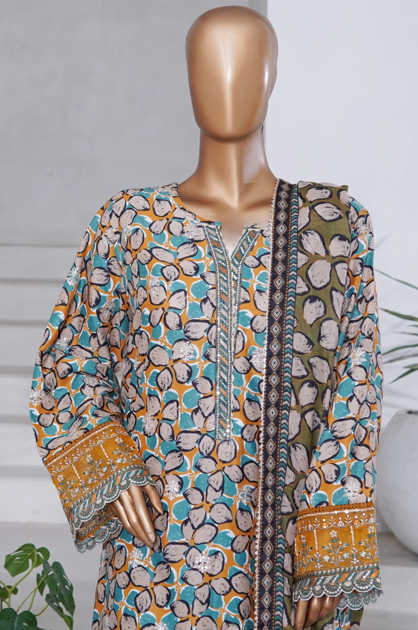 Bin Saeed Stitched 3 Piece Exclusive Emb Chikankari Cotton Suit-WC-2412-Green - Image 2