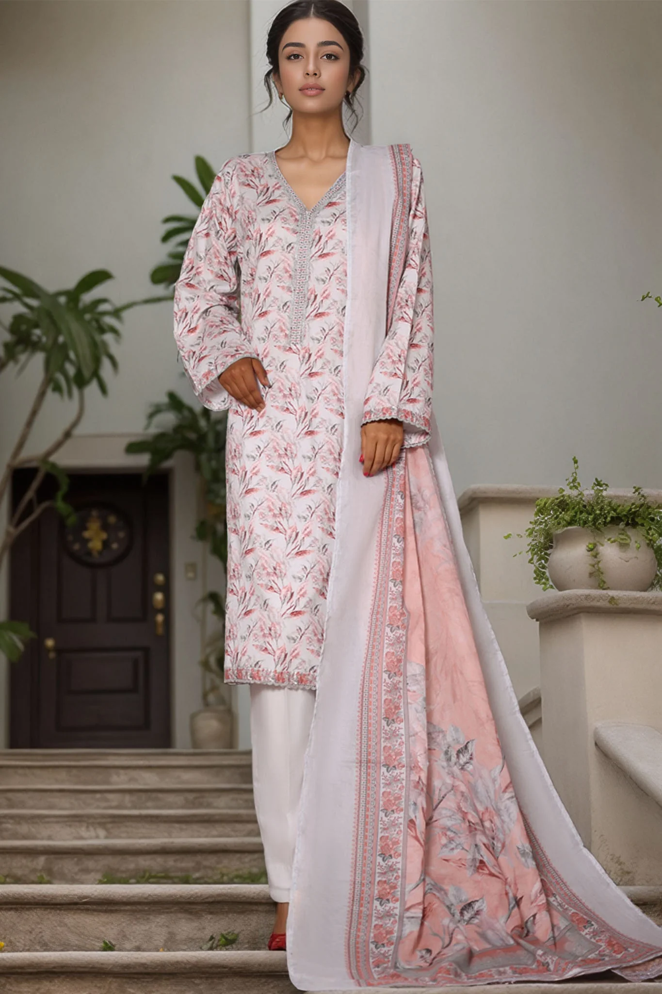 Bin Saeed Stitched 3 Piece Printed Cotton Vol-03 Suit-WC-2421-White