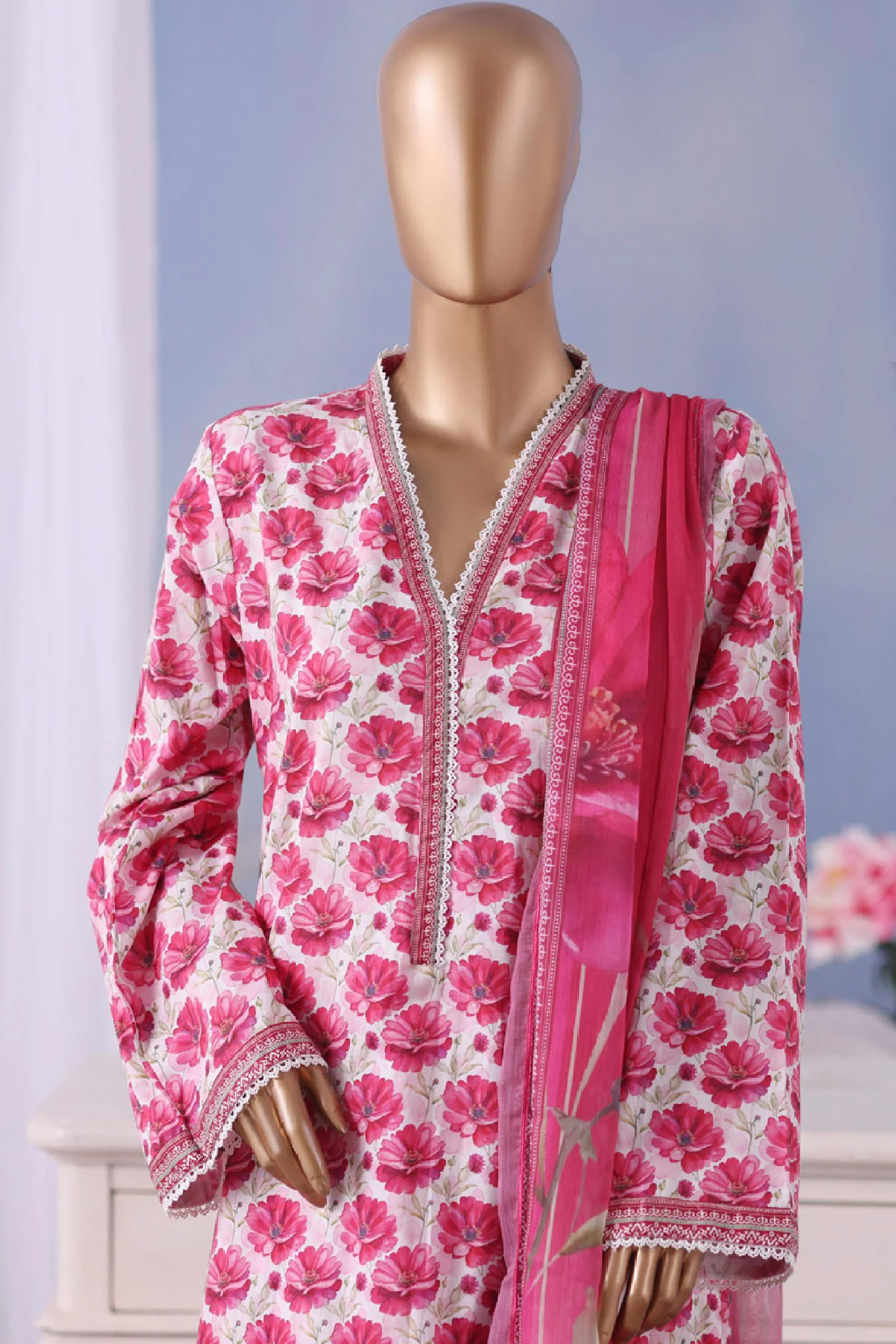 Bin Saeed Stitched 3 Piece Exclusive Printed Cotton Vol-04 Suit-WC-2491-Pink - Image 2