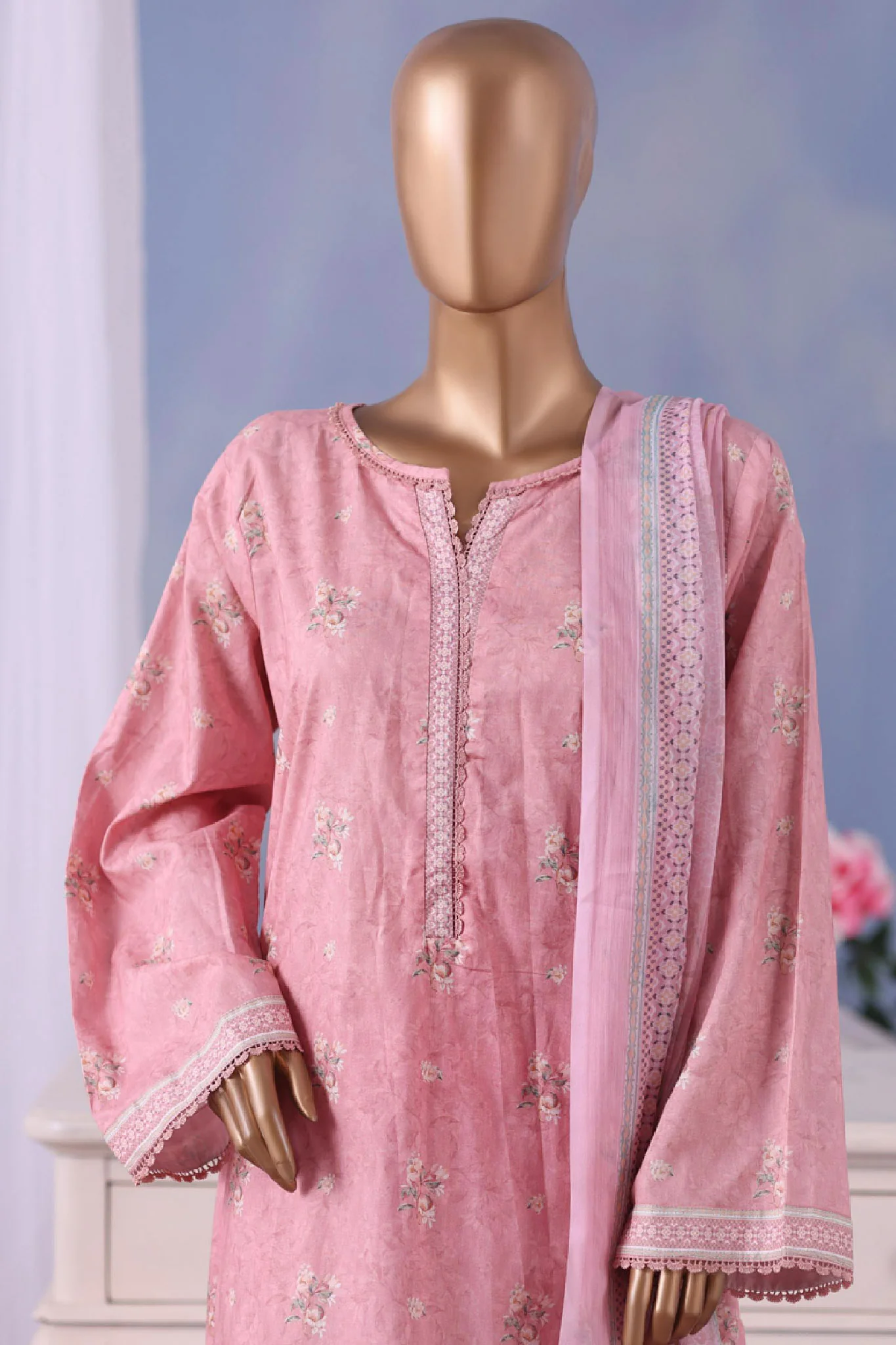 Bin Saeed Stitched 3 Piece Exclusive Printed Cotton Vol-04 Suit-WC-2496-Pink - Image 2