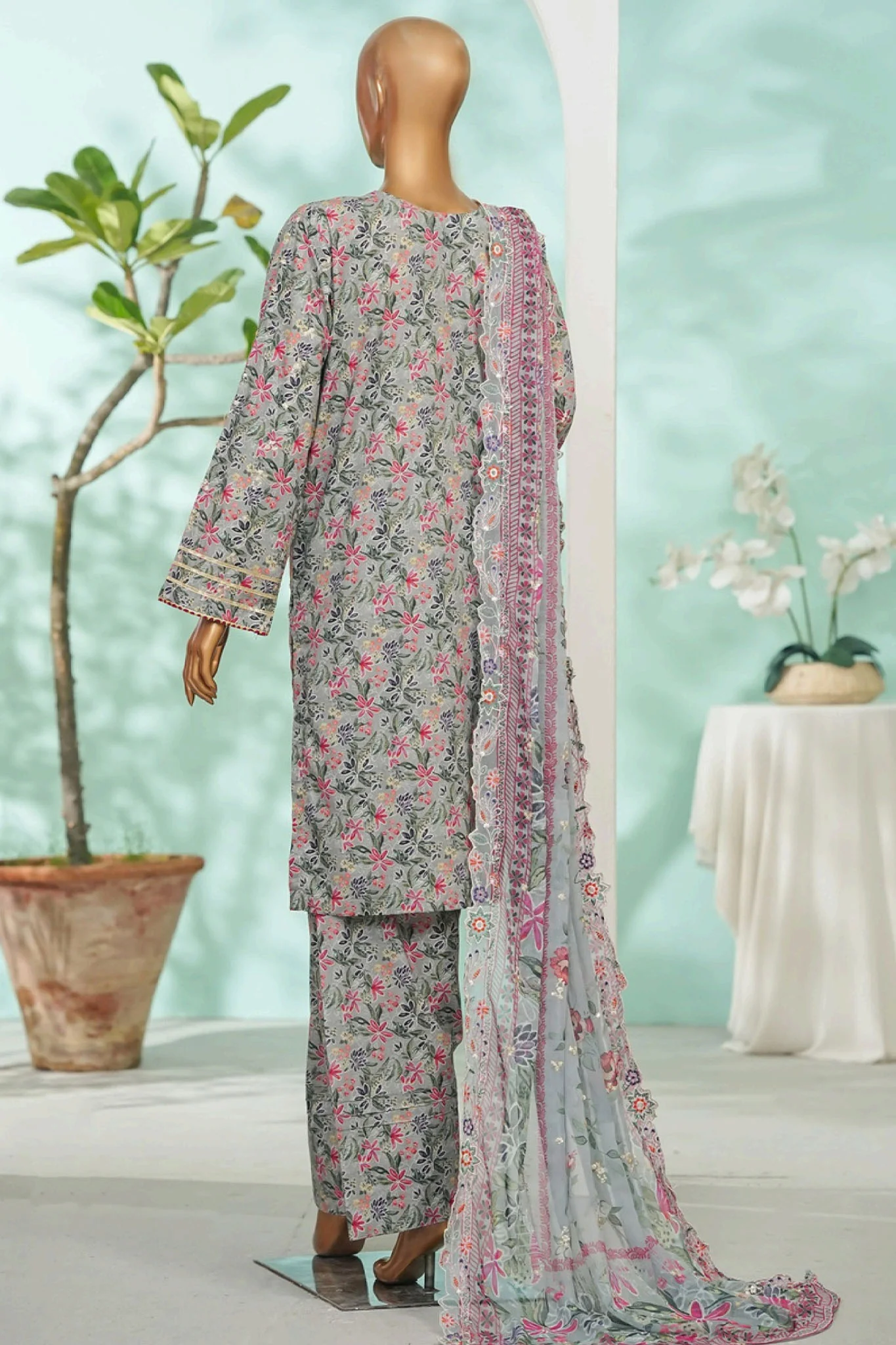 Bin Saeed Stitched 3 Piece Exc Luxury Lawn With Farshi Shalwar Suit-WC-2690 GRAY - Image 3