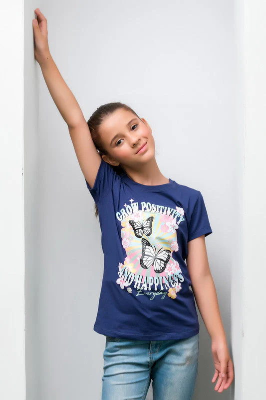 Sprinkles Stitched 1 Piece Summer Shirts Kids Suit-Grow Positivity Blue Tee For Girls