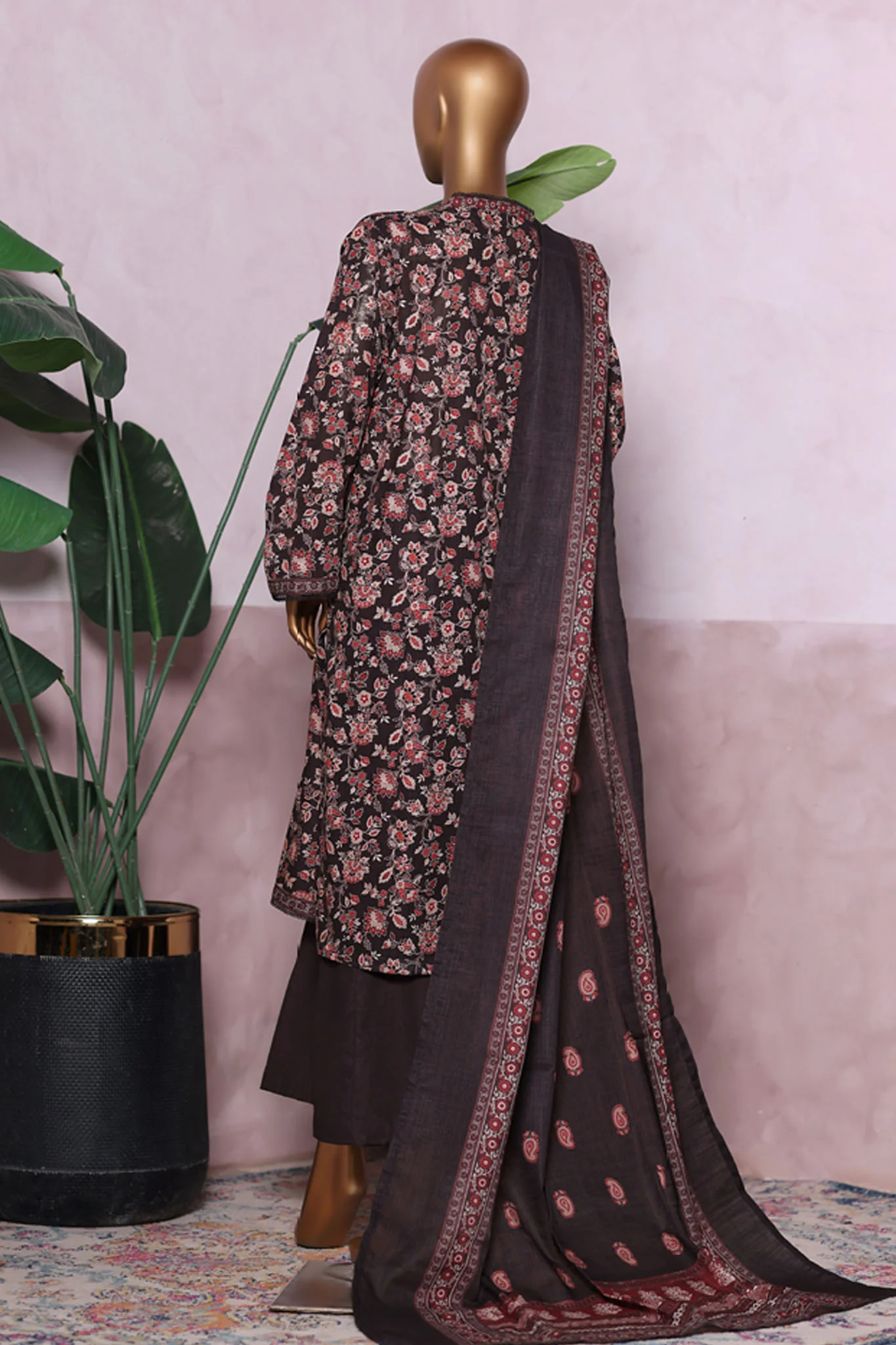 Bin Saeed Stitched 3 Piece Exclusive Printed Khaddar Vol-06 Suit-WK-2454-Brown - Image 3