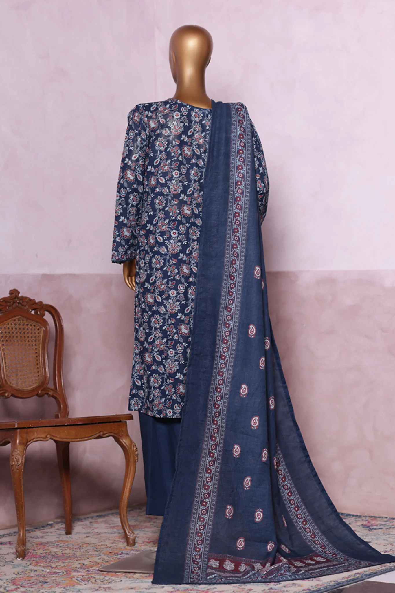 Bin Saeed Stitched 3 Piece Exclusive Printed Khaddar Vol-06 Suit-WK-2455-Blue - Image 3