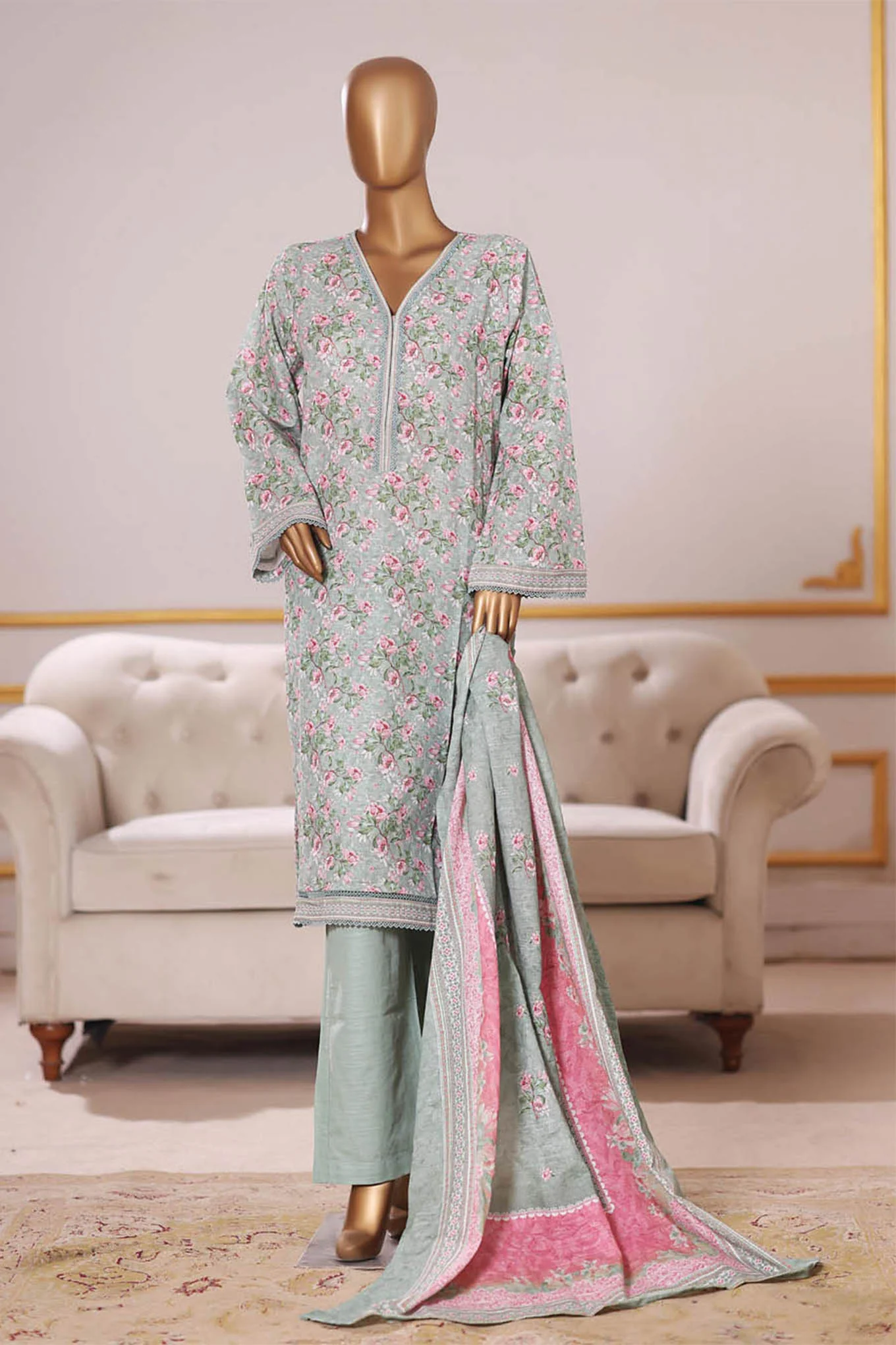 Bin Saeed Stitched 3 Piece Exclusive Printed Khaddar Vol-09 Suit-WK-2520-Pista