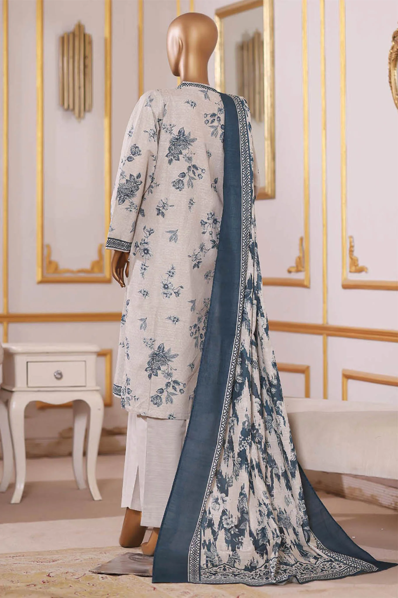 Bin Saeed Stitched 3 Piece Exclusive Printed Khaddar Vol-09 Suit-WK-2521-Off White - Image 3