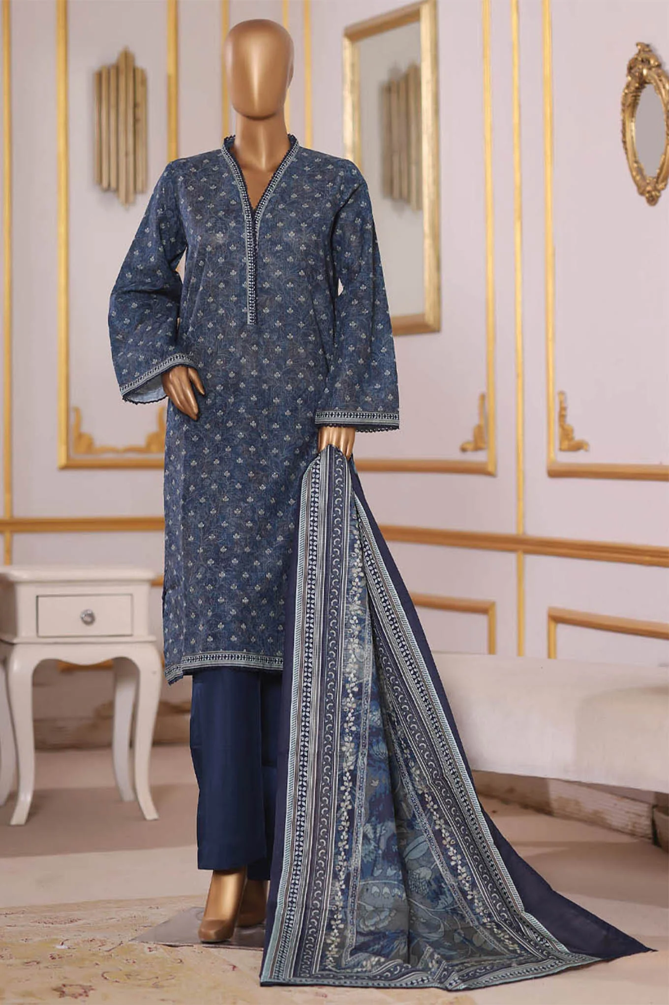 Bin Saeed Stitched 3 Piece Exclusive Printed Khaddar Vol-09 Suit-WK-2523-Navy Blue