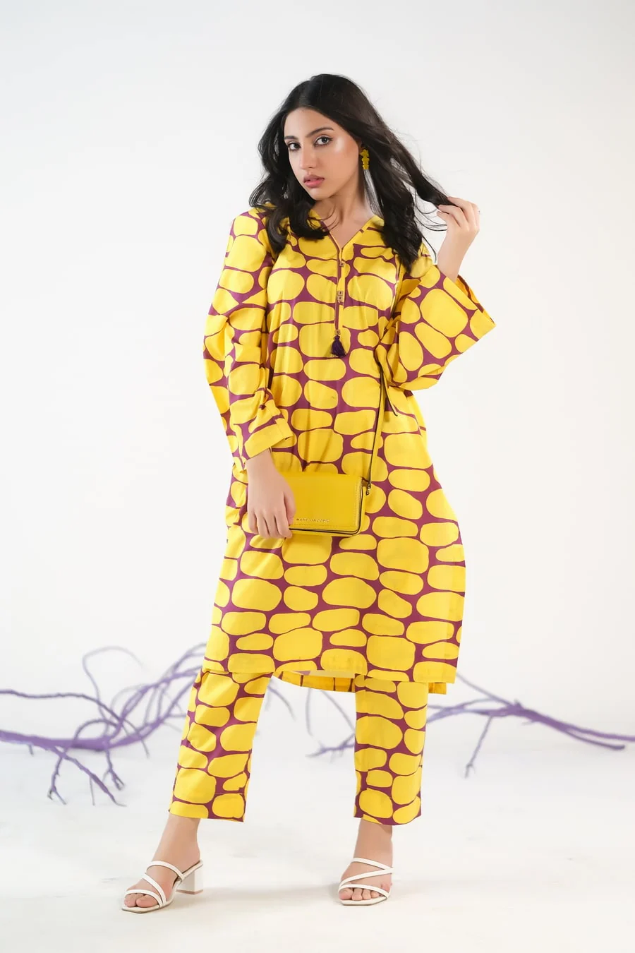 Sprinkles Stitched 2 Piece Summer Co Ord Sets Women Suit-Yellow Stones - Cambric - Image 3