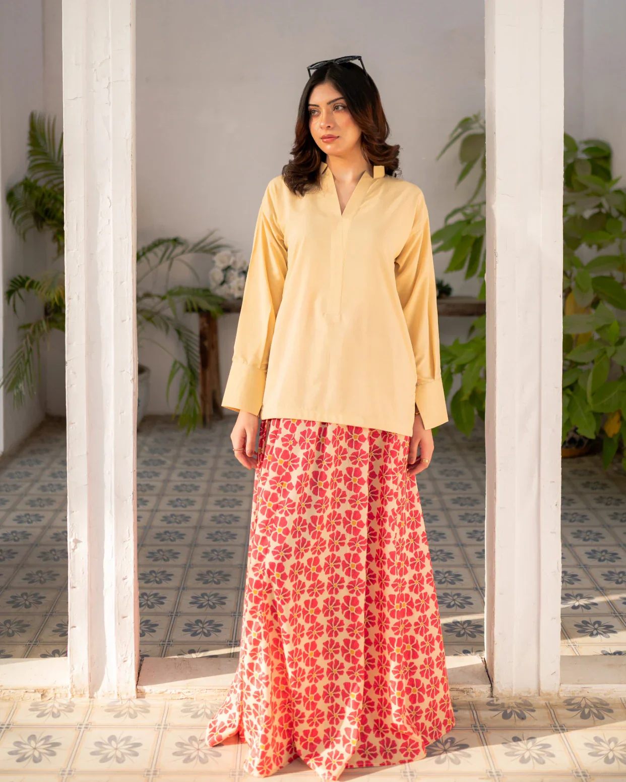 Zauk Lemon Yellow Shirt and Printed Skirt - Image 4