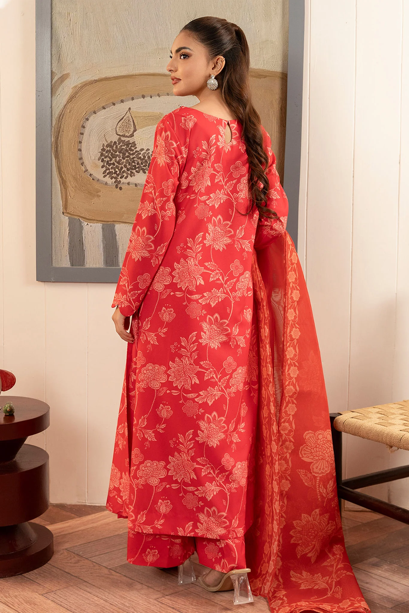 Zebaish By Stitch Vibes Stitched 3 Piece Dress Suit-Coral Dress - Image 3