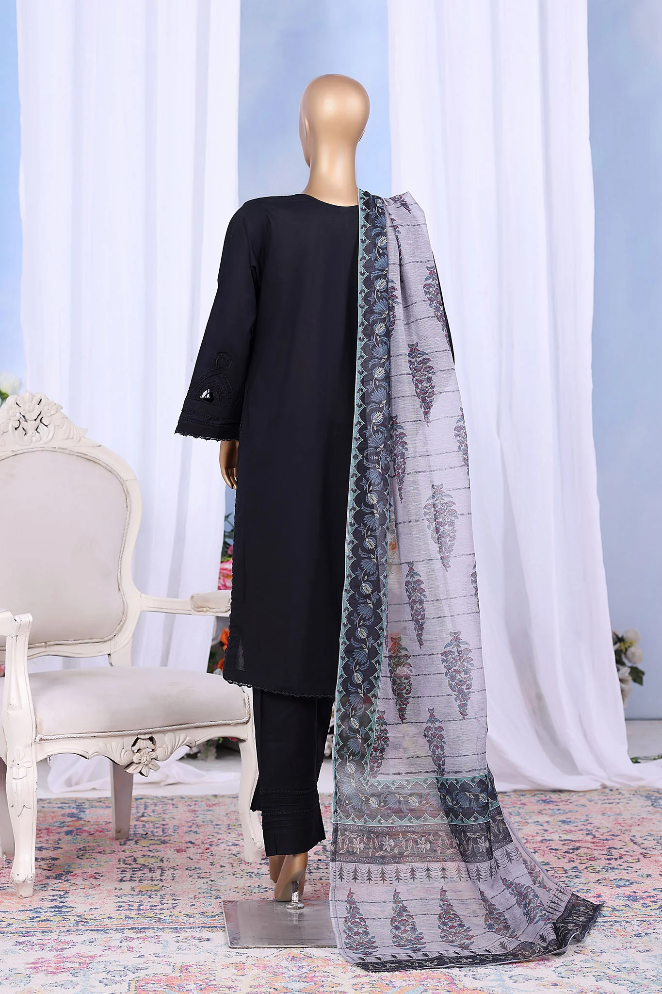 Khombi Stitched 3 Piece Casual Pret Cotton Suit-Zebra Lines Black - Image 3