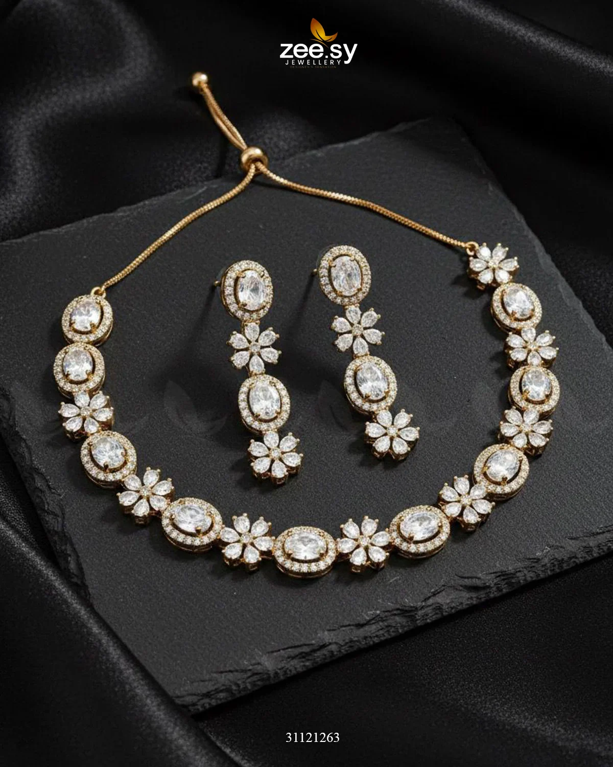 Zeesy Regal Diamond Flower Necklace Set - Image 9