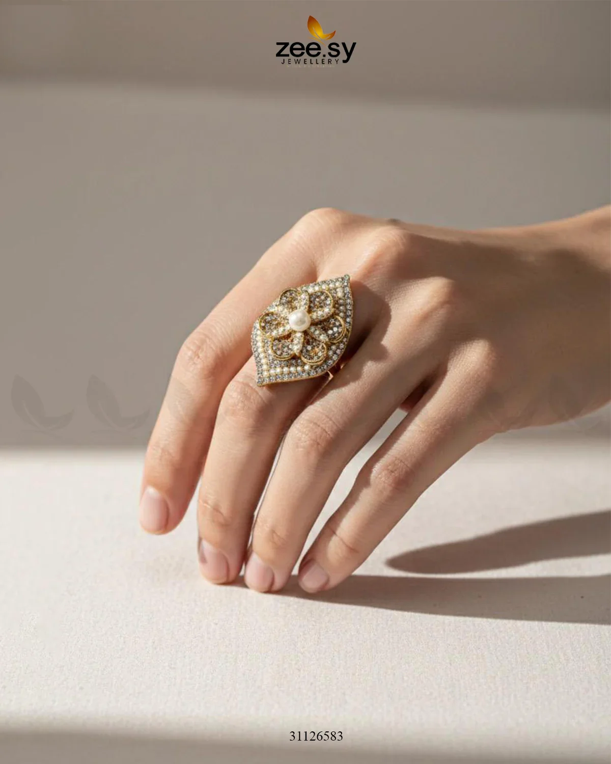 Zeesy Starlit Leaf Cluster Pave Ring - Image 4